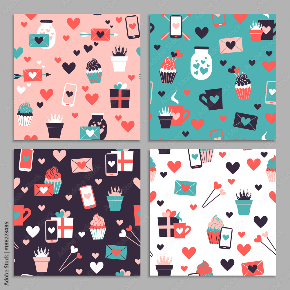 Set of seamless pattern of valentine day icons collection. Set of flat illustrations with heart, gift, cupcake, flower, envelope. Modern colors vector design.