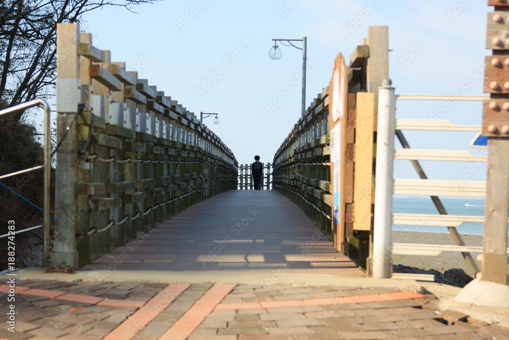 A walking bridge with fence A walking bridge with fence