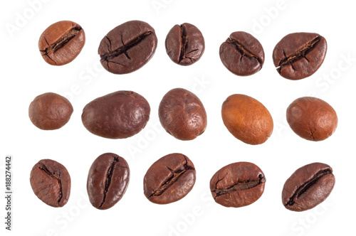 Set of coffee beans close-up isolated on white background