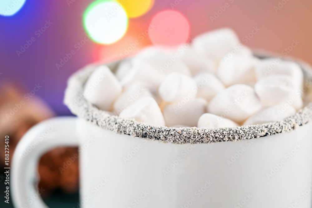 Enamel White Coffee Mug Cup of Cocoa Hot Drink Beverage with Marshmallow Enamel White Coffee Mug Cup of Cocoa Hot Drink Beverage with Marshmallow