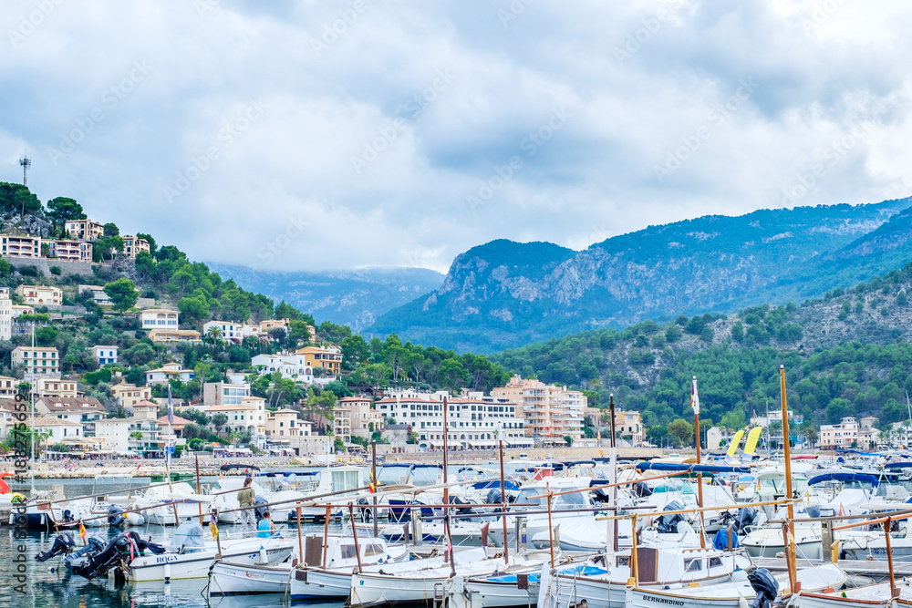 Harbor and many fishing boats. Just boats and mountains. A quiet balearic harbor.