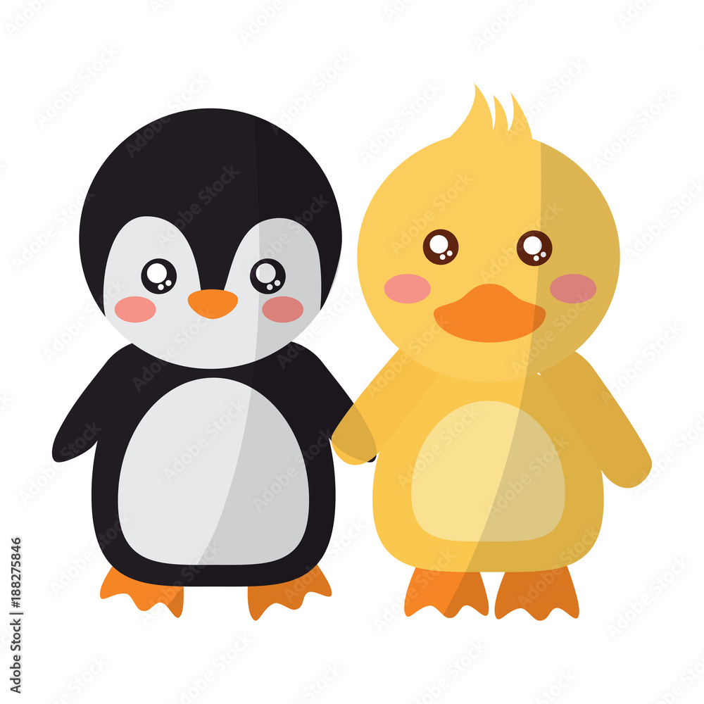 Fototapeta premium cute animals penguin and duck holding hands vector illustration
