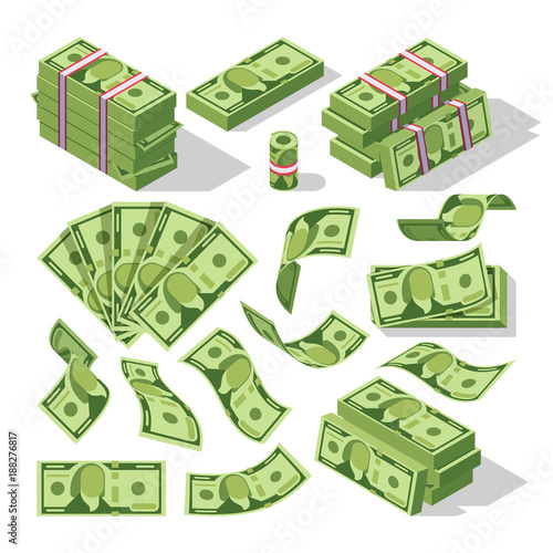 Cartoon money bills. Green dollar banknotes cash vector icons photo