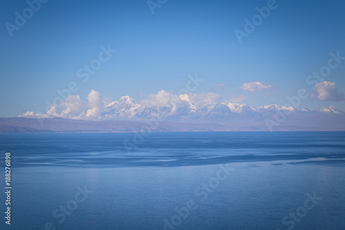 Sun Island - July 28  2017  Panoramic view of lake Titicaca  Bolivia