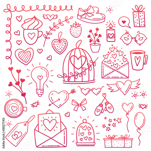 Sketchy vector hand drawn doodles cartoon set of Love and Valentine s Day objects and symbols