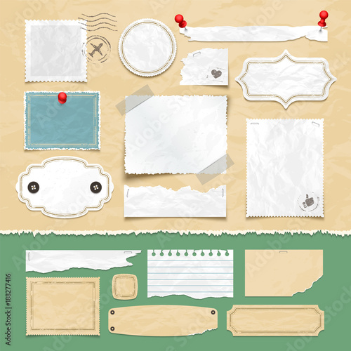 Vintage scrapbooking vector elements. Old scrap papers, photo frames, and labels