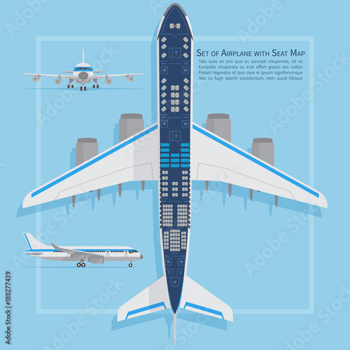 Aircraft seats plan top view. Business and economy classes airplane indoor information map. Vector illustration