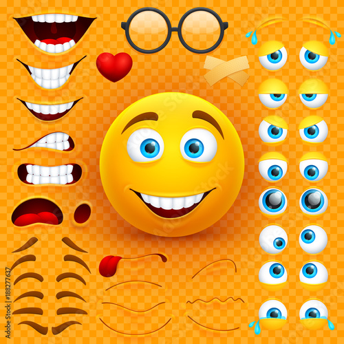 Cartoon yellow 3d smiley face vector character creation constructor. Emoji with emotions, eyes and mouthes set