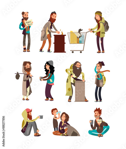 Poor unhappy homeless cartoon people needing financial help. Vector characters set