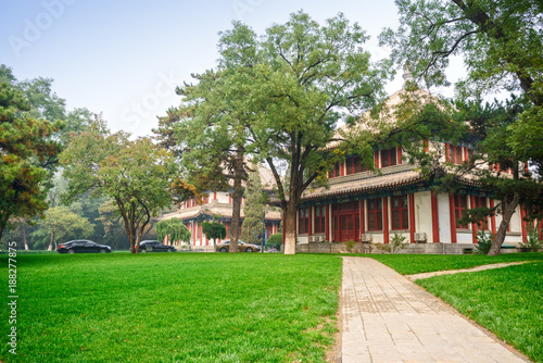 Traditional Chinese buildings in campus. Located in Peking University, Beijing, China. © aphotostory
