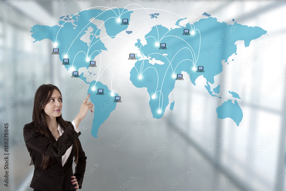 business woman pointing to the map with computer network business woman pointing to the map with computer network