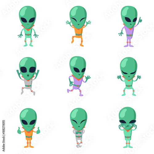 Funny cartoon aliens vector green humanoid characters