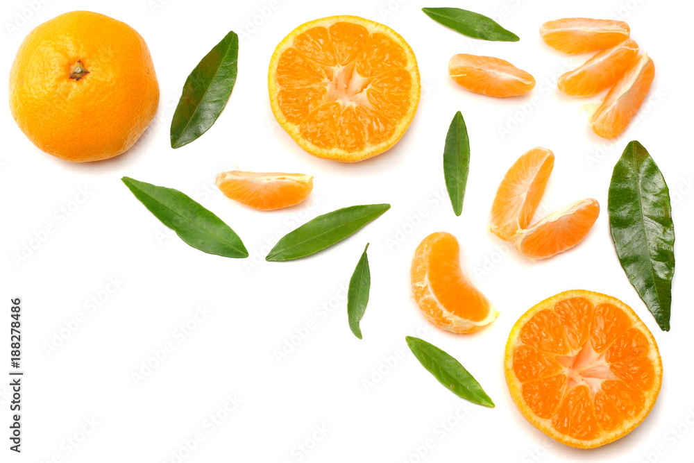 mandarin with slices and green leaf isolated on white background top view mandarin with slices and green leaf isolated on white background top view