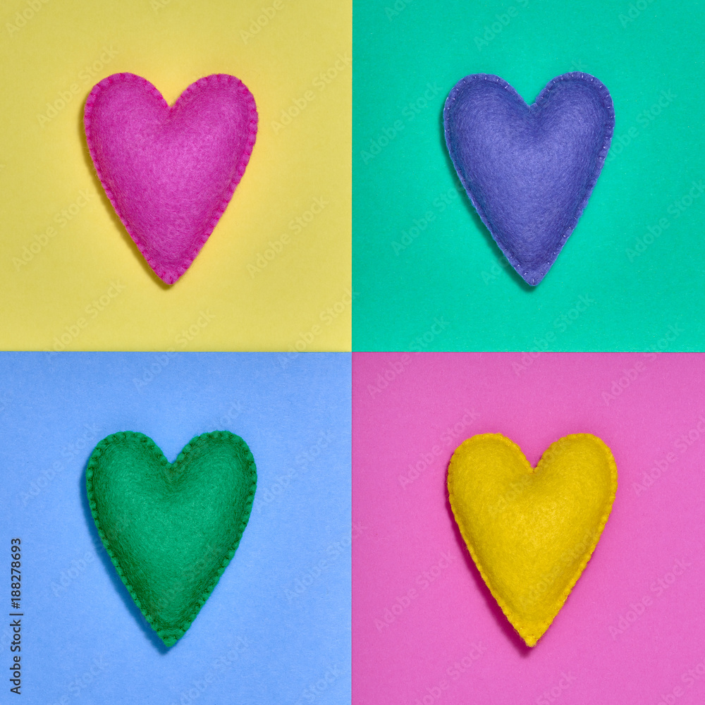 Colorful Hearts. Valentines Day, Love. Handmade hearts set. Trendy fashion Style. Bright Love background. Creative Romantic concept. Minimal design. Pop Art Colorful Hearts. Valentines Day, Love. Handmade hearts set. Trendy fashion Style. Bright Love background. Creative Romantic concept. Minimal design. Pop Art