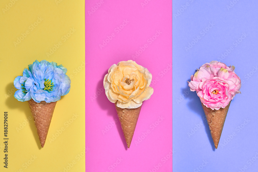 Ice Cream Cone Set with Flowers. Trendy fashion Style. Spring Summer Floral concept. Creative Minimal. Colorful Neon Design. Pop Art