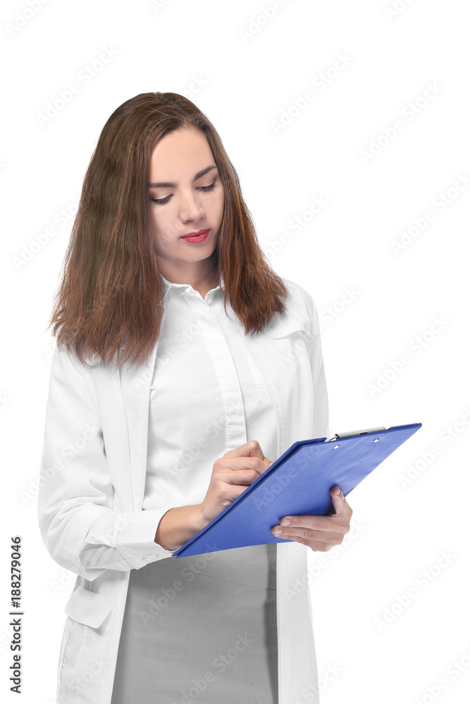 Attractive female pharmacist with clipboard on white background Attractive female pharmacist with clipboard on white background