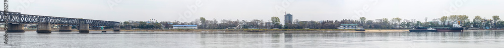 Yalu River Bridge and Landscape of North Korea. Taken from Dandong, Liaoning, China.