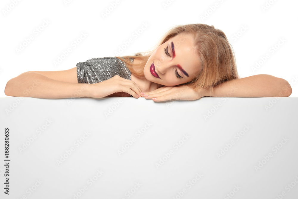 Young woman with advertising board on white background Young woman with advertising board on white background