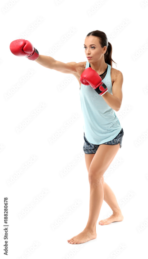 Strong woman in boxing gloves on white background Strong woman in boxing gloves on white background