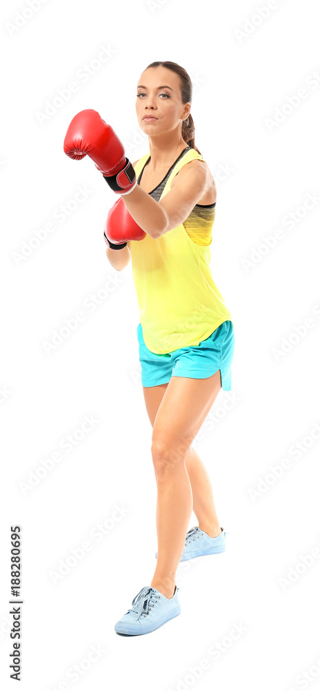 Strong woman in boxing gloves on white background Strong woman in boxing gloves on white background