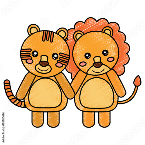 cute animals lion and tiger babies vector illustration drawing design