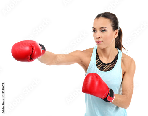 Strong woman in boxing glov...