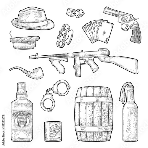 Gangster mafia set. Engraving vintage vector black illustration.