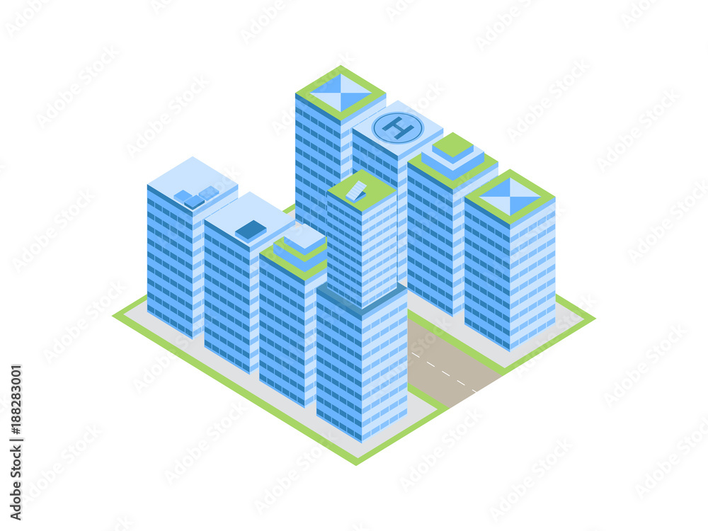 Isometric city, street with houses and skyscrapers. Isolated on white background. Vector illustration
