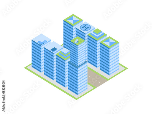 Isometric city, street with houses and skyscrapers. Isolated on white background. Vector illustration