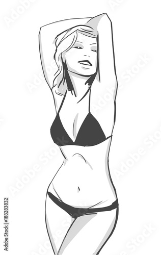 Isolated illustration of attractive model posing in black bathing suit