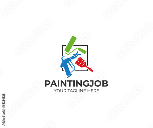 Painting tools logo template. Roller brush and airless spray gun vector design. House painting service illustration