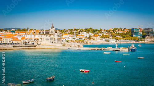 Portugal, Cascais near Lisbon, seaside town with beach and port panorama view