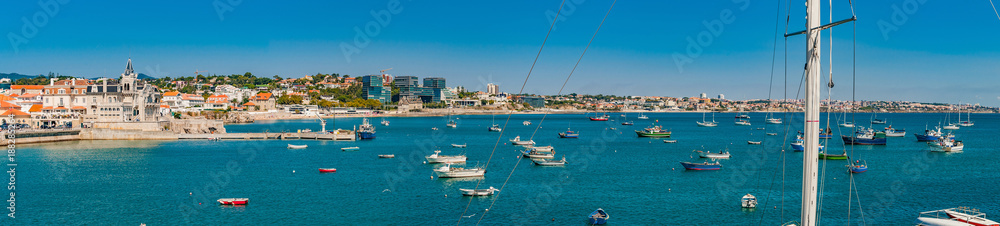 Portugal, Cascais near Lisbon, seaside town with beach and port panorama view