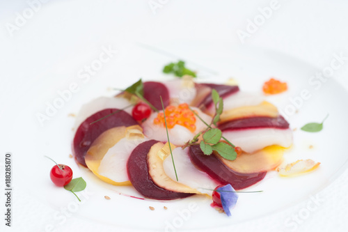 scallop with beets and mangos