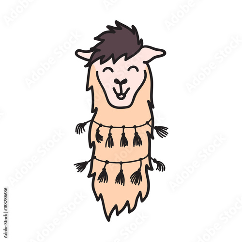 Vector, isolated outline cartoon baby llama.