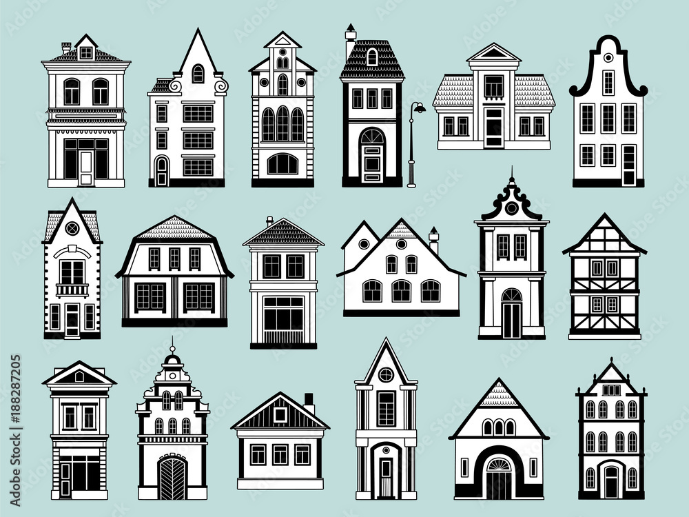 Illustrations of old houses. Stylized facades. Can be used for scrapbook, banner, print, etc.