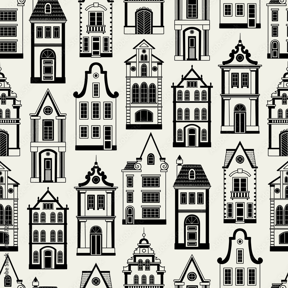 Seamless pattern of old houses. Stylized facades. Can be used for scrapbook, banner, print, etc.