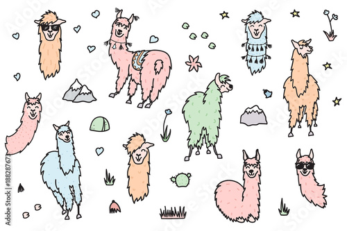 Vector set of cute isolated outline cartoon lama 