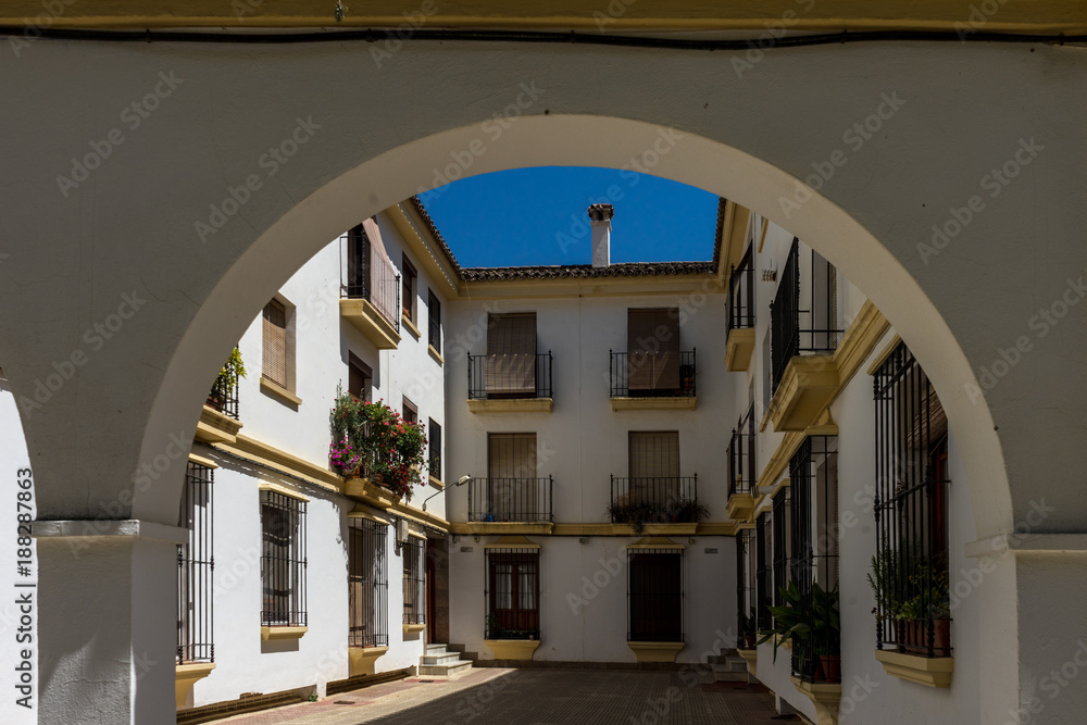Counrtyard of a house in the street in the city of Ronda Spain, Europe on a hot summer day