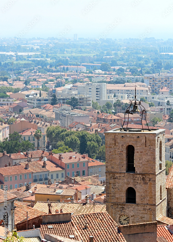 Hyères (FRANCE) - Saint-Paul Church with view on the city and coastline in background