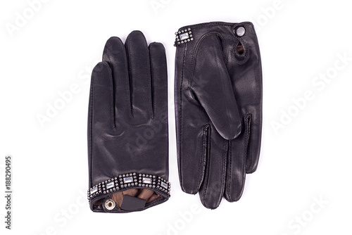 Black leather women's gloves isolated on white background