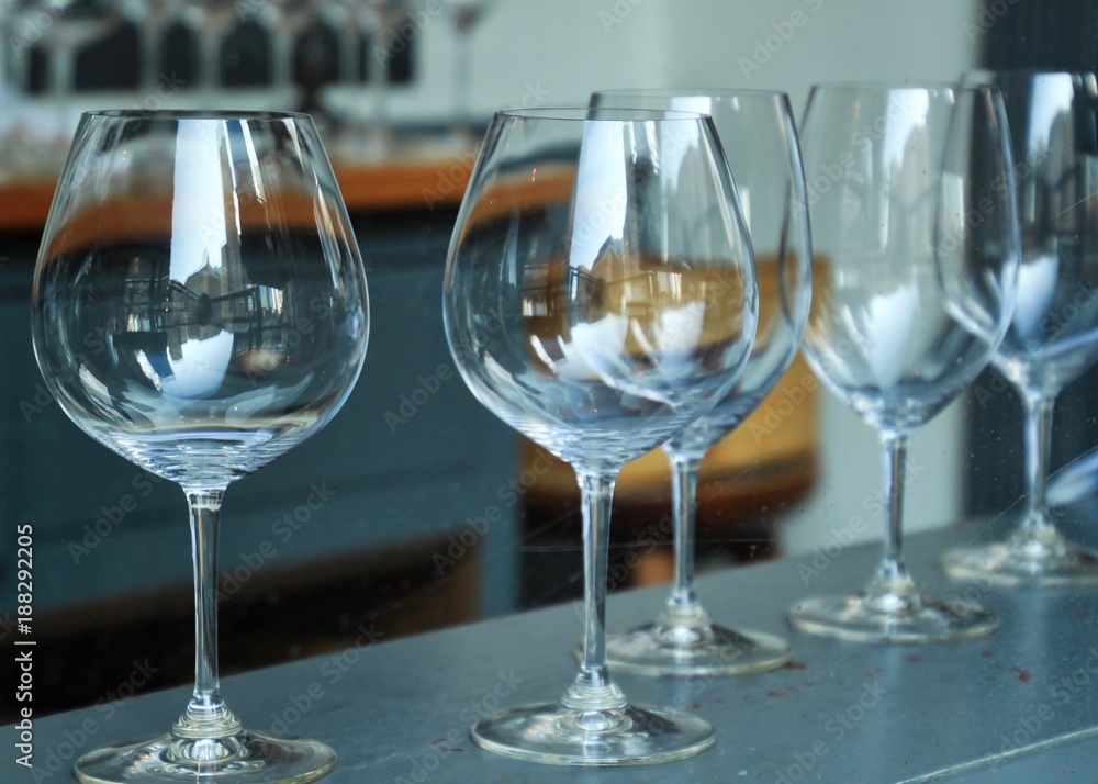 Wine glasses with reflection of Chicago cityscape in glass. Wine glasses with reflection of Chicago cityscape in glass.