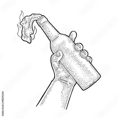 Male hand holding Molotov Cocktail. Engraving vintage vector illustration.