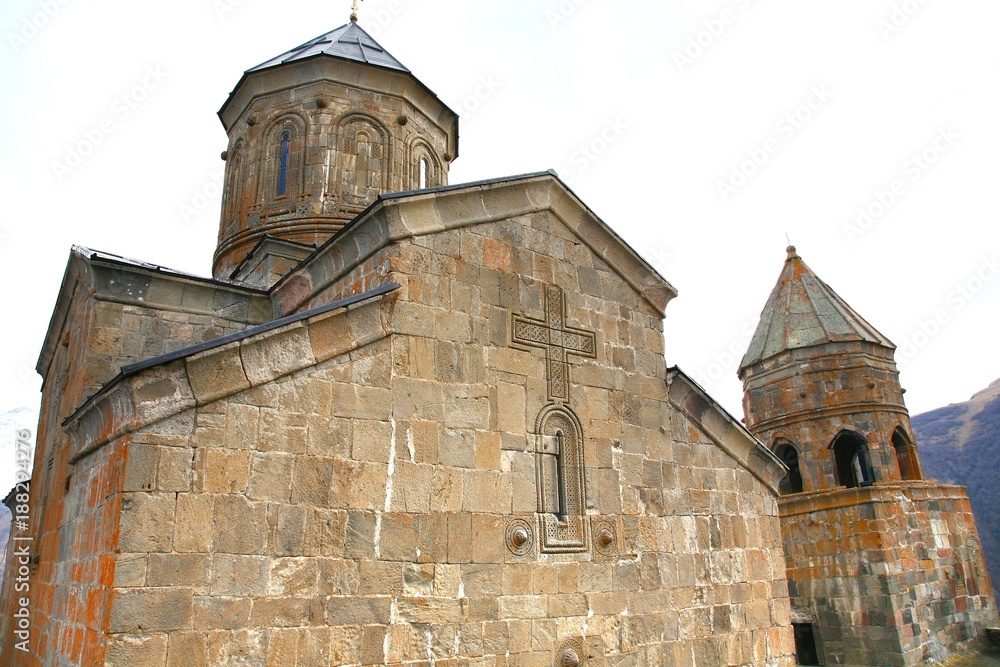 Gergeti trinity church at an elevation of 2170 meters, under Mount Kazbegi in Georgia