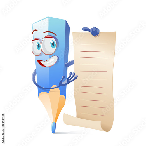 Cute blue color pencil with blank sign. Vector, illustration, flat