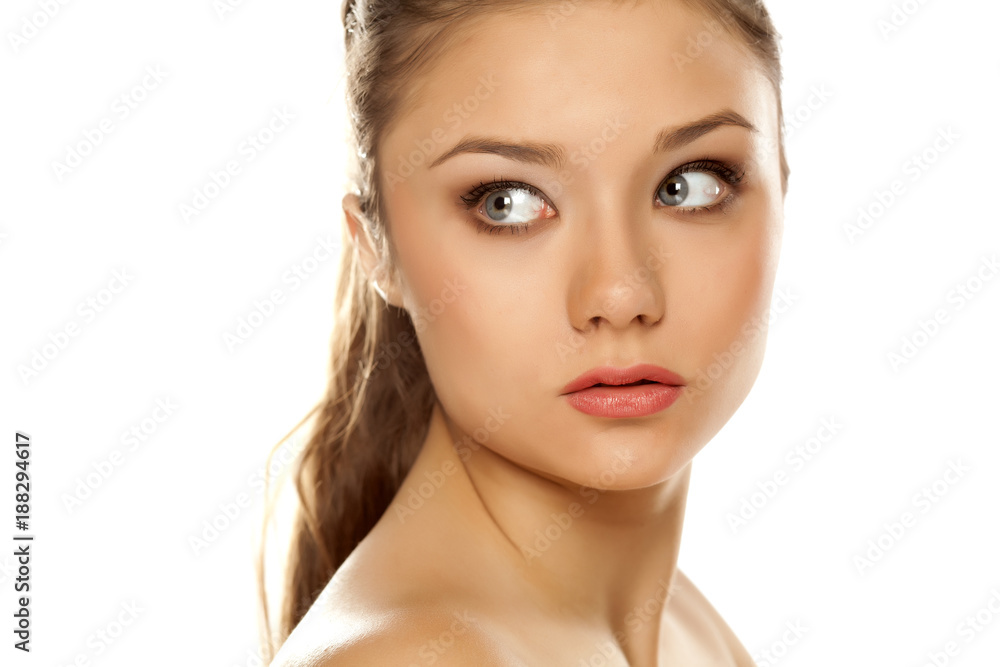 portrait of young girl with makeup on white background portrait of young girl with makeup on white background