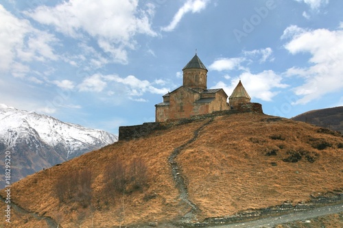 Gergeti trinity church at an elevation of 2170 meters, under Mount Kazbegi in Georgia
