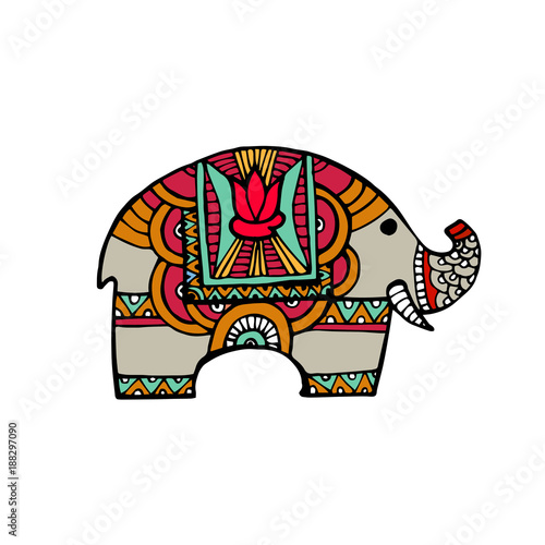 Indian elephant in traditional asian style. Ornate elephant on lace background for coloring page design, t-shirt design etc. Hand drawn vector illustration.