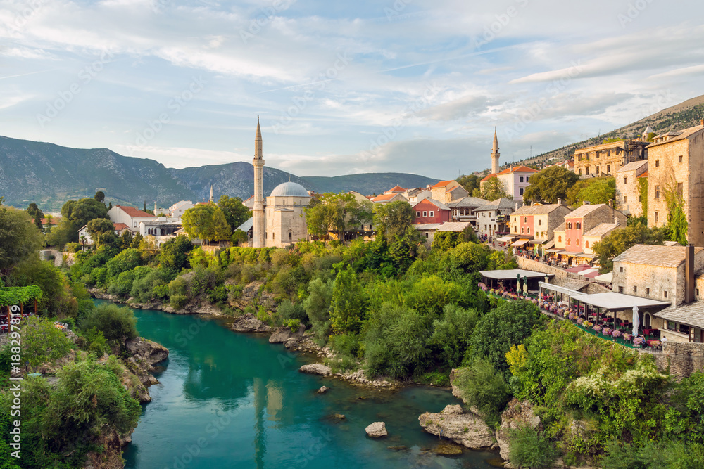 Mostar mosque with river in old town. Bosnia and Herzegovina