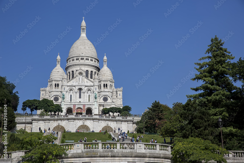 A closup of Basilica Sacre Coeur in Montmartre in Paris, France